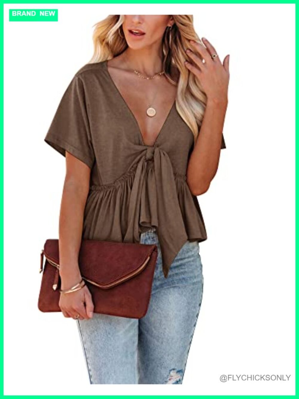 Women's V Neck Short Sleeve Ruffle Hem Tie Front Crop Top Blouse